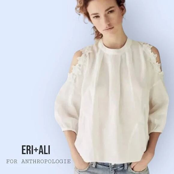 eri + ali Anthropologie 100% Linen Cold Shoulder Lace Detail White Blouse  MED - Picture 1 of 8